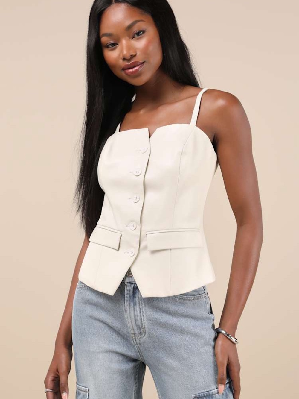 Lulu's Cream Pleather Button-Front Bustier Camisole, M